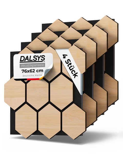 Dalsys Akustikpaneele im Hexagon-Design mit Holzoptik, 4 Stück, 76 mal 62 Zentimeter, Deutsche Marke, Dalsys Logo.