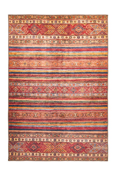 Rechteckiger Teppich mit buntem orientalischem Muster, horizontalen Streifen und geometrischen Ornamenten.