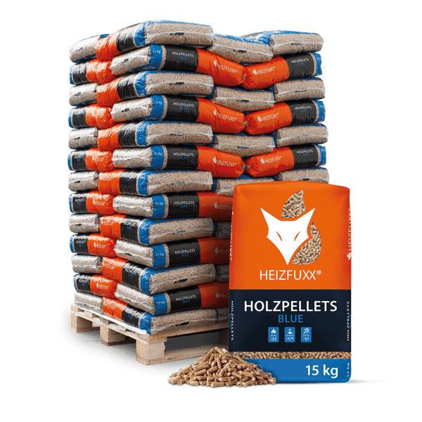 Palette mit Heizfuxx Holzpellets Blue, 15 Kilogramm