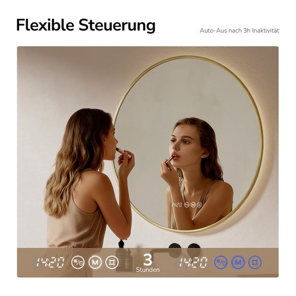 Spiegel mit LED Beleuchtung Touch Sensor Steuerung und Wandschalter Kompatibilität sowie Memory Funktion Anti Beschlag und drei Lichtfarben.