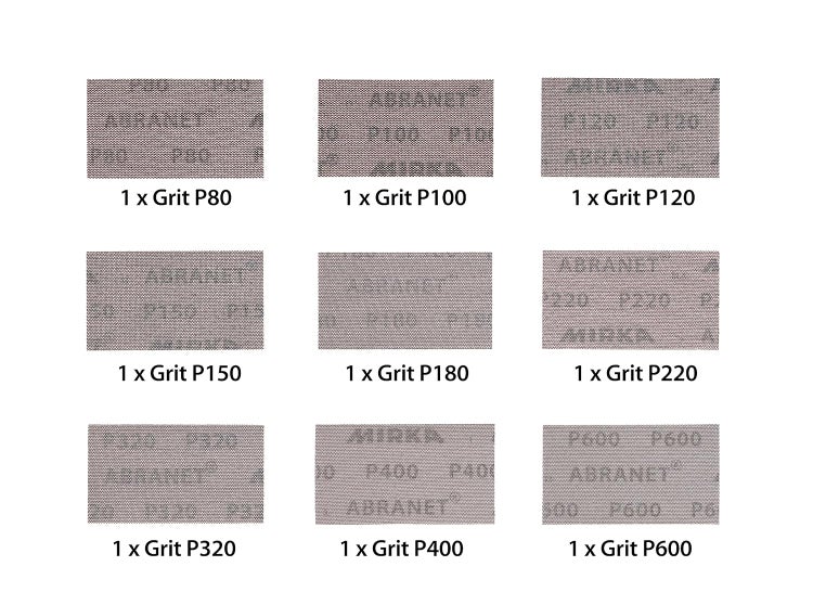 Mirka Abranet Netzschleifstreifen 70mm x 125mm Klett / Mix-Pack 1 von jeder Körnung 80, 100, 120, 150, 180, 220, 320, 400, 600 /  9 Stk / zum Schleifen von Holz, Spachtel, Lack, Kunststoff