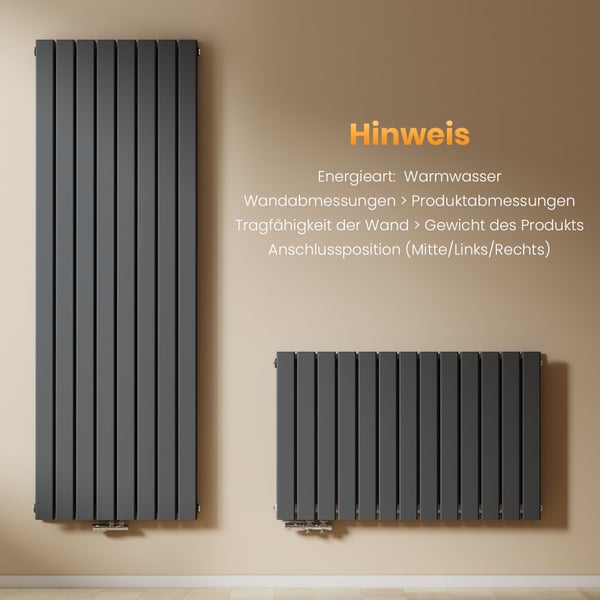 EMKE Badheizkörper 180x62 cm, 2227W, Flach Designheizkörper Vertikal, Doppellagig mit Mittelanschluss, Anthrazit, für Bad