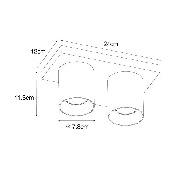 Skizze einer Deckenleuchte mit zwei Strahlern und Maßangaben