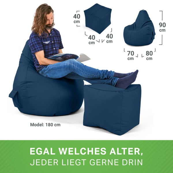 Green Bean 2er Set Sitzsack + Hocker - fertig befüllt - robust waschbar schmutzabweisend - Kinder & Erwachsene Bean Bag Bodenkissen Lounge Sitzhocker Relax-Sessel Gamer Gamingstuhl Pouf - Dunkelblau