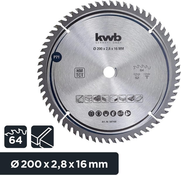 kwb Kreissägeblatt 200 x 16 mm, sehr feiner Schnitt, Sägeblatt geeignet für Arbeitsplatten, Holz und beschichtete Platten