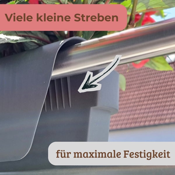 Detailansicht einer Balkonkasten-Halterung mit kleinen Verstrebungen zur Stabilisierung an einem runden Metallgeländer.