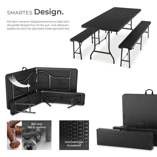 Klappbare Gartensitzgruppe aus Kunststoff, bestehend aus Tisch und Bänken