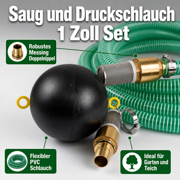 Saug und Druckschlauch Set 1 Zoll mit Messing Doppelnippel Schwimmkugel und flexiblem Schlauch für Garten und Teich