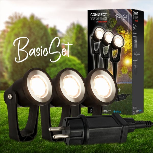 Briloner Connect to Shine LED Gartenstrahler Set mit drei Leuchten, Erdspießen und Stecker, warmweißes Licht 3000 Kelvin, spritzwassergeschützt IP44.