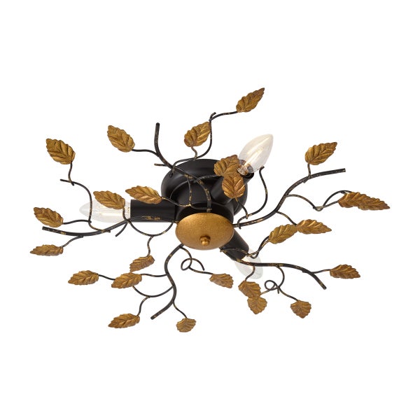 Deckenleuchte im floralen Design mit drei Flammen, schwarzen Ästen und goldfarbenen Blättern aus Metall.