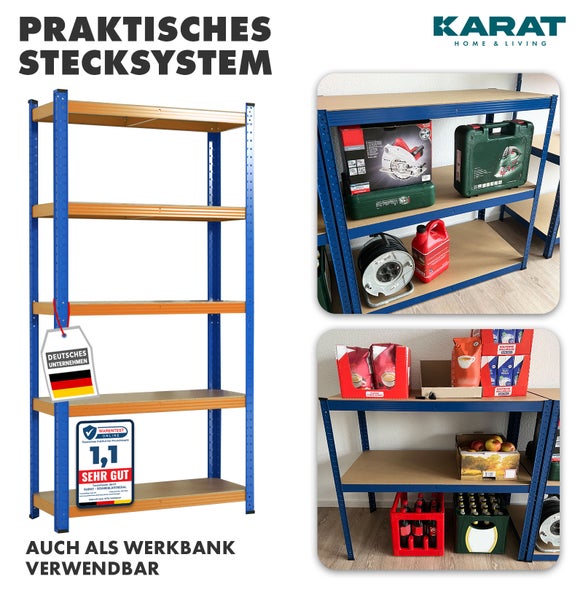 Blaues Karat Home und Living Schwerlastregal aus Metall und Holz, fünf Böden, praktisches Stecksystem, auch als Werkbank nutzbar.