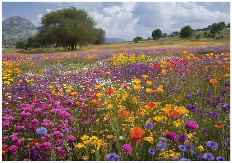 Wandbild mit einer blühenden Blumenwiese vor einer Bergkulisse