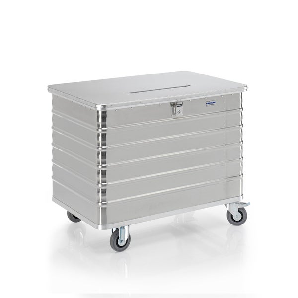 Transportbox aus Aluminium mit Rollen und Einwurfschlitz