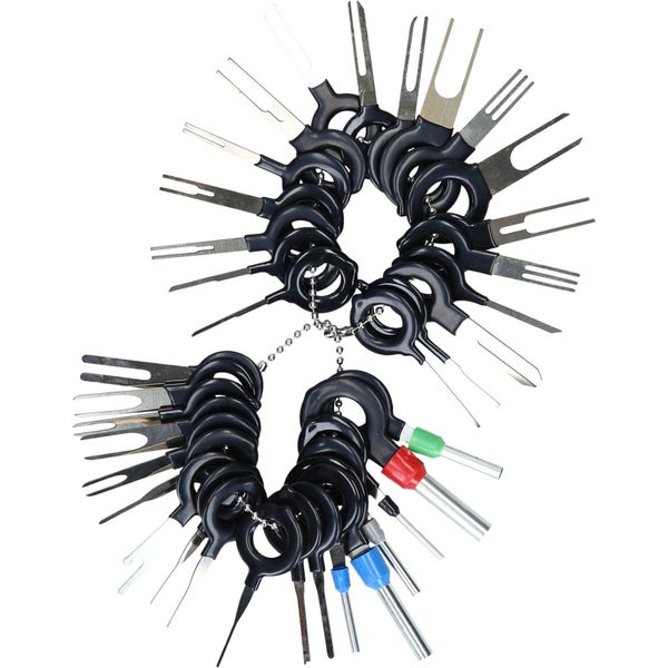 Werkzeugsatz zum Entfernen von Kfz-Kabeln mit Metallspitzen und Griffen an einer Kette