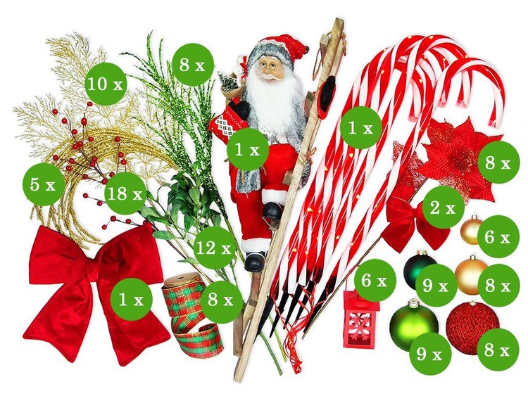 Weihnachtsdekorationsset mit Weihnachtsmann Figur, Zuckerstangen, Weihnachtskugeln, Schleifen, Blumen und Zweigen für festliche Dekoration