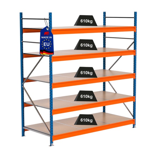 Lagerregal mit fünf Ebenen und einer Traglast von 610 Kilogramm pro Ebene, Hergestellt in der EU Kennzeichen.