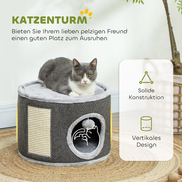 PawHut Kratztonne, 30 cm Hoch Katzentonne mit Höhle, Kratzbaum, Katzenturm aus Sisal, für Katze bis 5 kg, Cremeweiß