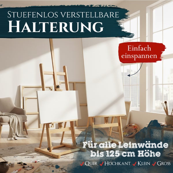 Holz Staffelei mit stufenlos verstellbarer Halterung für Leinwände bis 125 cm Höhe für den Einsatz in einem hellen Kunstatelier.