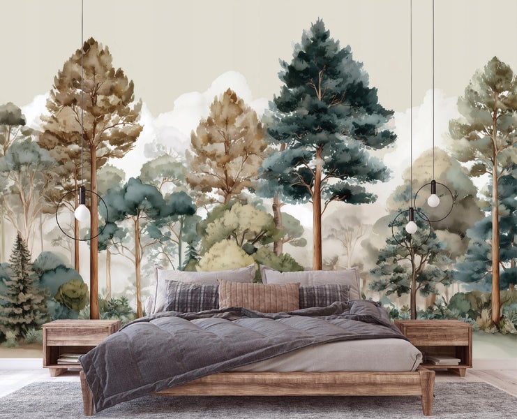 Schlafzimmer mit Fototapete eines Waldes und Holzbett mit Nachttischen