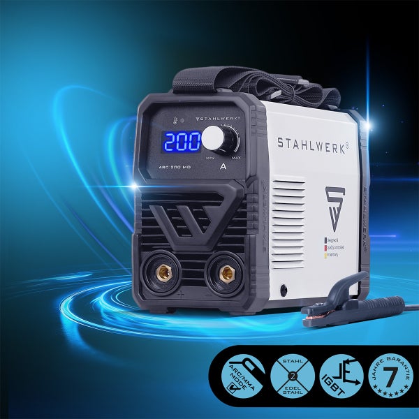 Stahlwerk Inverter-Schweißgerät ARC 200 MD mit Digitalanzeige, Tragegurt, Masseklemme und sieben Jahren Garantie.