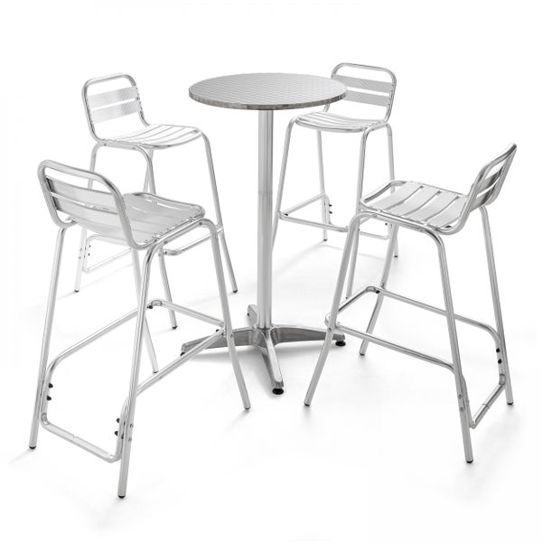 Bistrotisch-Set aus Aluminium bestehend aus einem runden Stehtisch und vier passenden Barhockern mit Lamellen-Design.