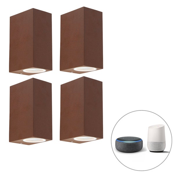 Vierer-Set rechteckige Außenwandleuchten in Rostoptik, kompatibel mit Smart-Home-Sprachassistenten.