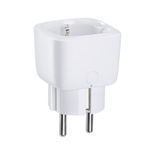 Weißer Smart Home Zwischenstecker aus Kunststoff mit Ein- und Ausschalter sowie Status-Kontrollleuchte.