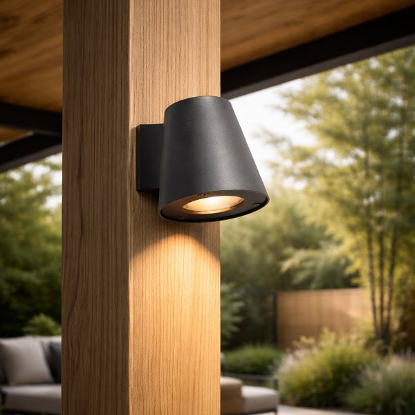 Moderne Außenwandleuchte in Anthrazit an einem Holzpfosten montiert, strahlt warmes Licht nach unten in eine Gartenlandschaft.