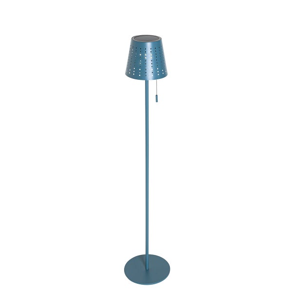 Blaue Solar-Stehleuchte aus Metall mit gelochtem Lampenschirm und Zugschalter.