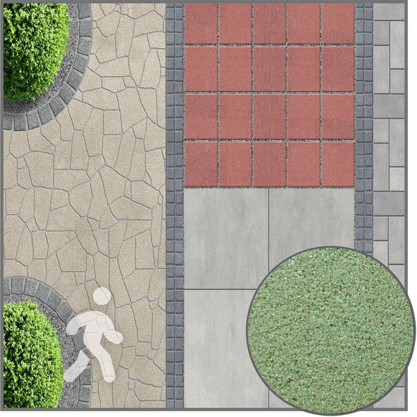 Draufsicht auf verschiedene Pflastersteine und Terrassenplatten mit einer Nahaufnahme von grünem Fugensand. Ein Symbol zeigt die Begehbarkeit an.