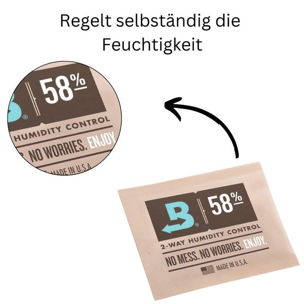 Boveda Hygro Pack 4 g – 58% Luftfeuchtigkeit | 2-Wege-Feuchtigkeitskontrolle für Kräuter, Früchte & Dörren | Natürliche Regulierung ohne Chemie