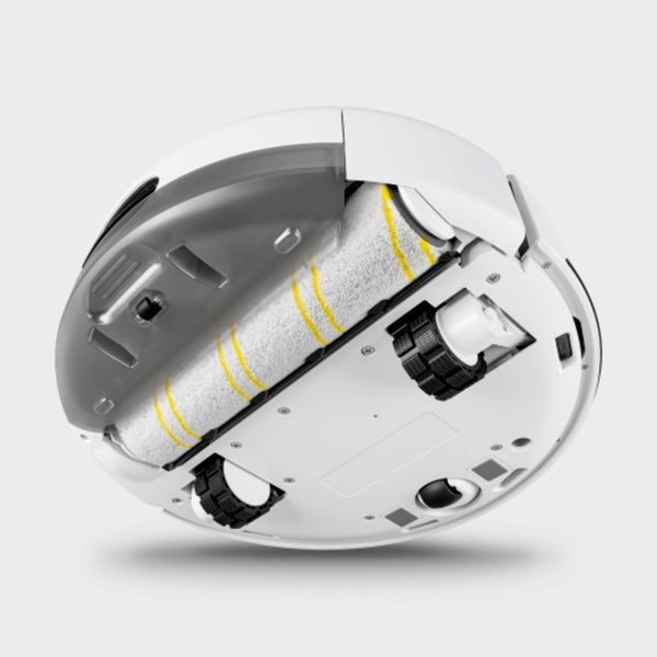 Unterseite eines Staubsaugerroboters mit Bürste und Rädern