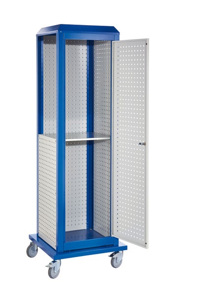 Blauer Werkzeugschrank mit Lochwand und offener Tür auf Rollen