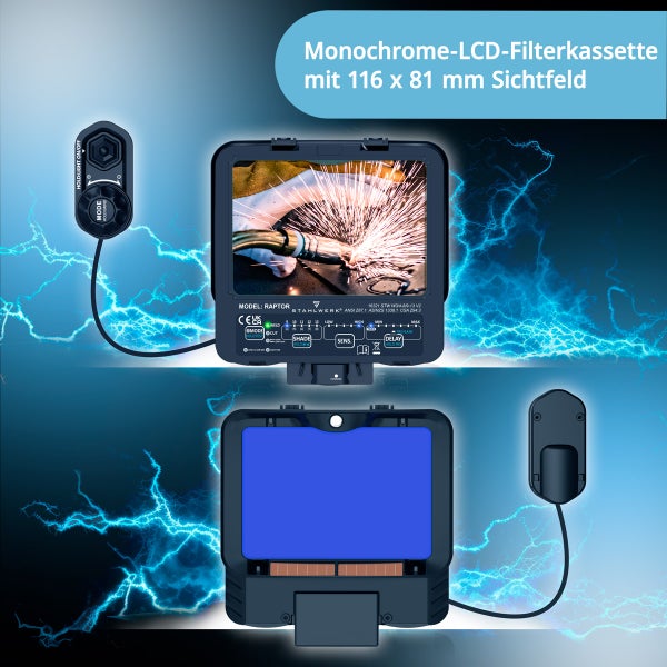 STAHLWERK Raptor Automatik Schweißhelm mit Monochrom-LCD-Filterkassette und 116 x 81 Millimeter Sichtfeld