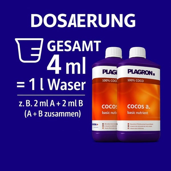 Zwei Flaschen Plagron Cocos A und B Basisdünger mit Dosierungsanleitung
