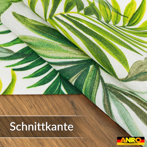 Stoff Meterware mit Palmenblatt-Muster und sichtbarer Schnittkante. ANRO Deutsche Manufaktur Logo.