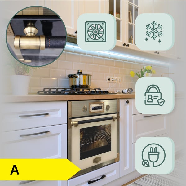 Einbau-Backofen im Retro-Design mit Metalloberfläche und Kindersicherung. Features wie Umluft, Auftaufunktion und Energieeffizienzklasse A.