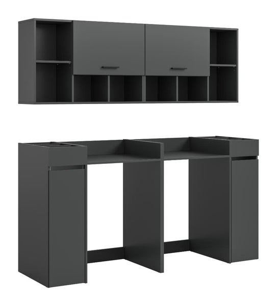 Wand- und Unterschrank-Set für den Waschplatz in modernem Design mit offenen Fächern und geschlossenen Schranktüren.