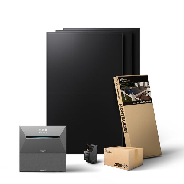 Balkonkraftwerk Komplettset mit Solarmodulen, Speicher, Montageset für Gitterbalkone und Zubehörbox.