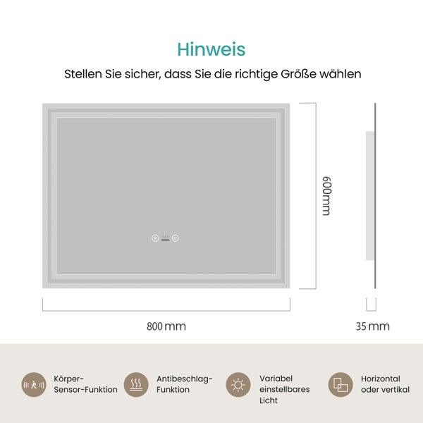 EMKE Badspiegel mit Beleuchtung 80 x 60 cm, Touch- & Sensorschalter, Anti-Beschlag, dimmbar, Warmweiß/Neutralweiß/Kaltweiß, 51 W, Aluminiumrahmen Weiß, flexibel montierbar, für Badezimmer