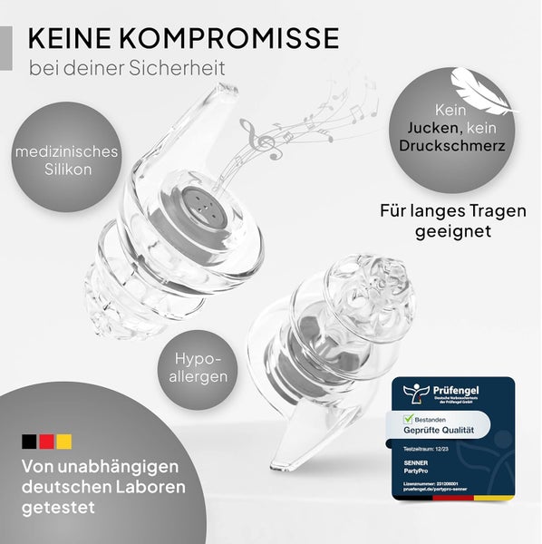 Senner ® PartyPro | Gehörschutz für Musik & Musiker - Ohrstöpsel für Festivals, Konzerte, Partys und Discos - transparente Party Earplugs mit 18 dB Lärmreduzierung - mit Alubehälter