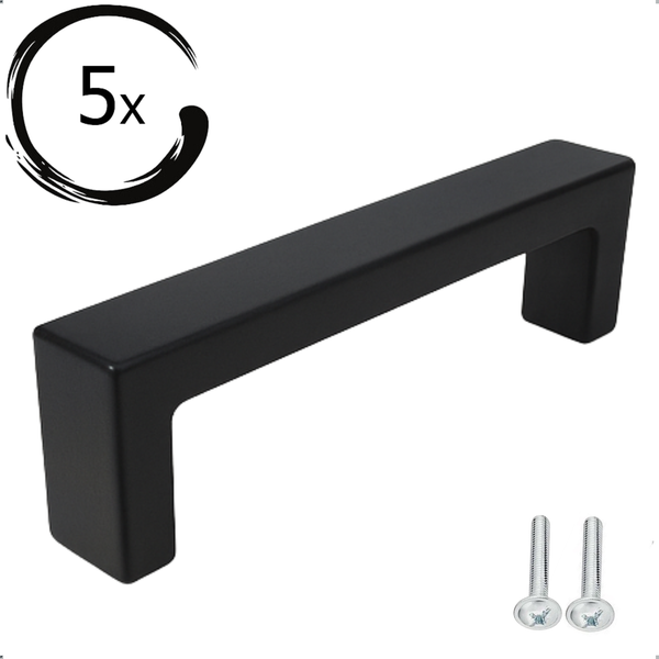 Fünf schwarze Möbelgriffe mit Schrauben