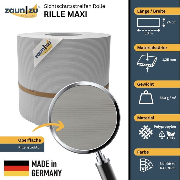 Zaun Sichtschutzstreifen Rolle Rille Maxi aus Polypropylen, 50 Meter Länge, 24 Zentimeter Breite und Rillenstruktur