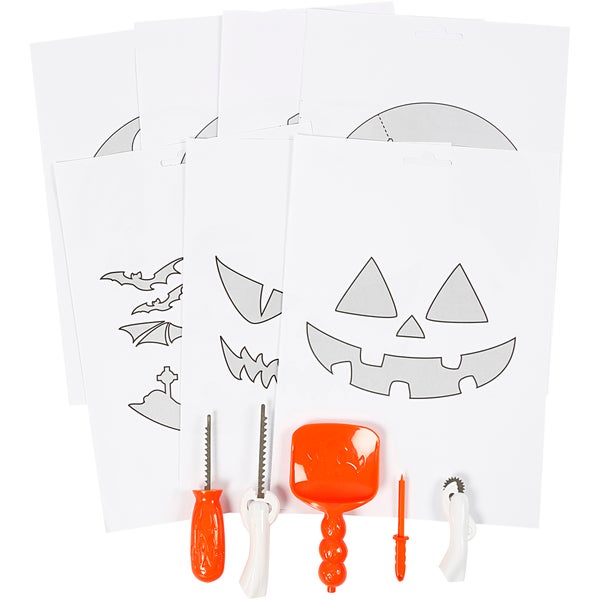 Kürbis-Schnitzset mit orangefarbenen und weißen Sägen, einer Schaufel, einem Markierrad und Papiervorlagen für Halloween.
