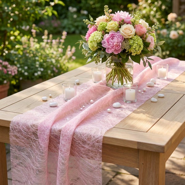 Tischdekoration mit einem pinken Tischläufer aus Sisalnetz, Blumenstrauß in einer Glasvase und Teelichtern auf einem Holztisch im Garten.