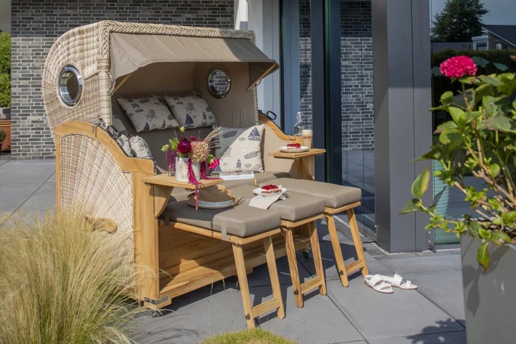 Strandkorb Westerland XXL Teak Bullauge PE shell Dessin 510