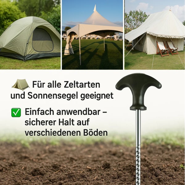 Geeignet für alle Zeltarten und Sonnensegel. Einfache Anwendung, sicherer Halt auf verschiedenen Böden.