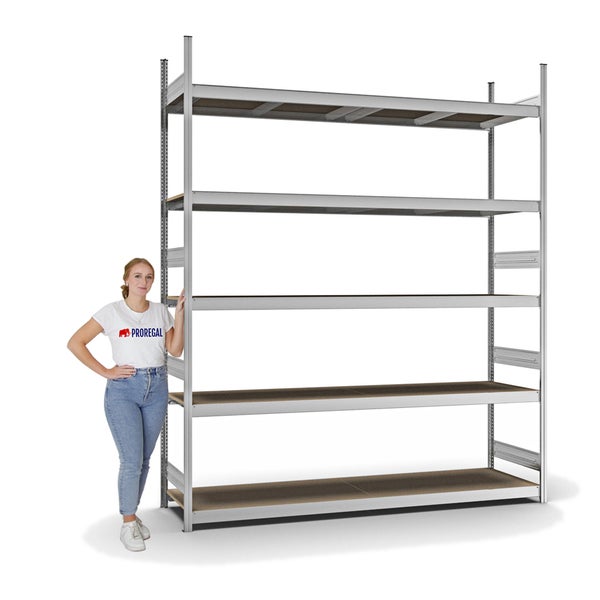 PROREGAL Weitspannregal Stecksystem T-Profil Grundregal HxBxT 300x250x60 cm 5 Ebenen Spanplatten Fachboden Fachlast 350 kg Verzinkt