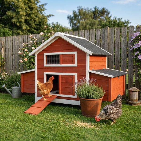 Roter Hühnerstall aus Holz mit Satteldach und Rampe in einem Garten mit Hühnern und Blumen.