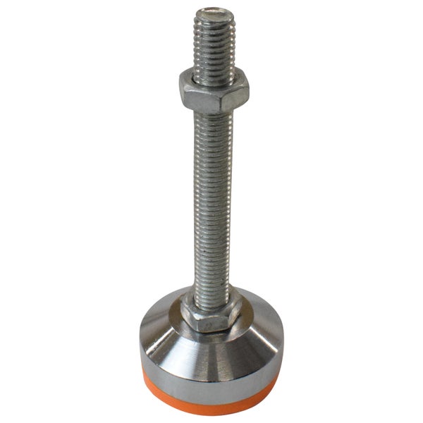 Höhenverstellbarer Stellfuß aus Metall mit Gewindebolzen, Muttern und orangefarbener Standfläche.